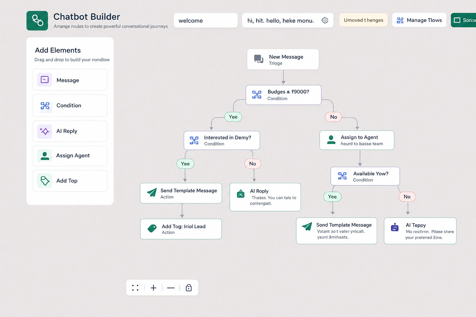 No-code WhatsApp chatbot builder with drag-and-drop flow designer and live agent handoff